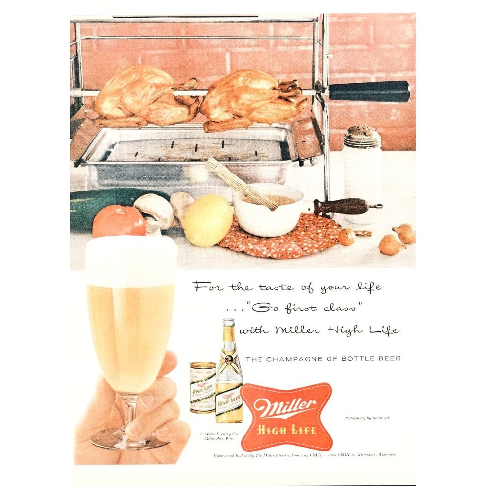 1957 Miller High Life Beer Vintage Print Ad Rotisserie Chicken Midcentury Art
